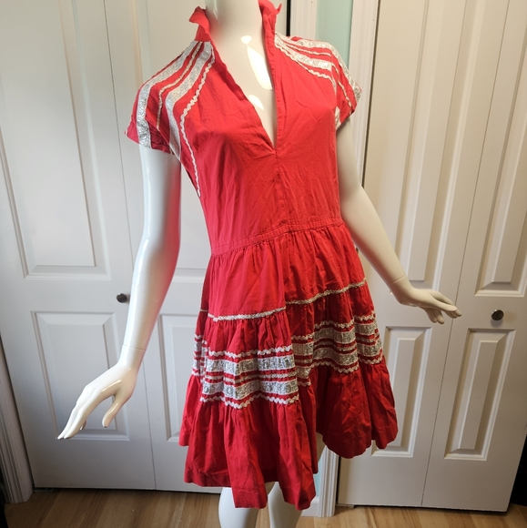 Dresses | Red Vintage Western Squaw Dress 195s Silver Rick Rack | Poshmark